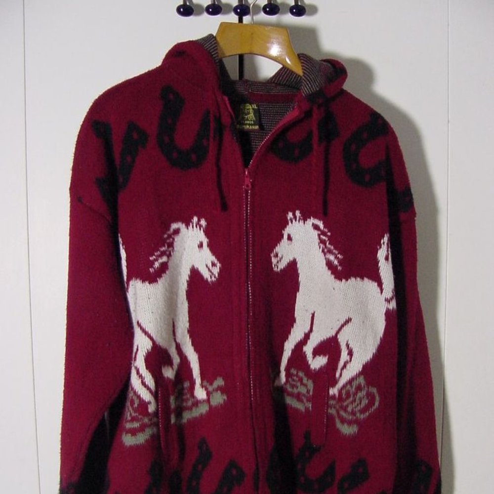 Vtg Tejidos Ruminahui Tribal Red Hoodie Jacket Horses Sz XL